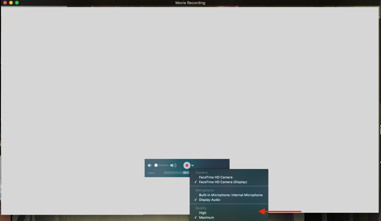 QuickTime camera view with setting menu